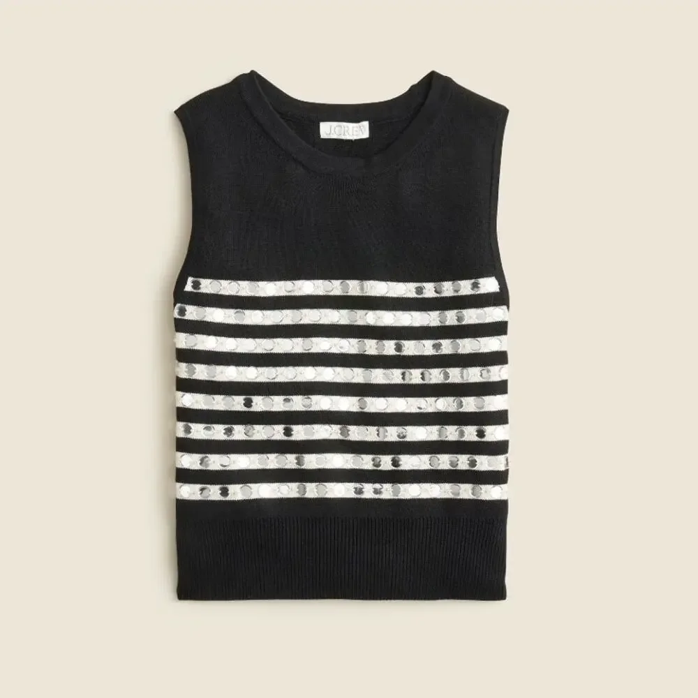J.Crew Embellished Sweater Shell WMNS M Black Silver Sleeveless Cotton Crew Neck